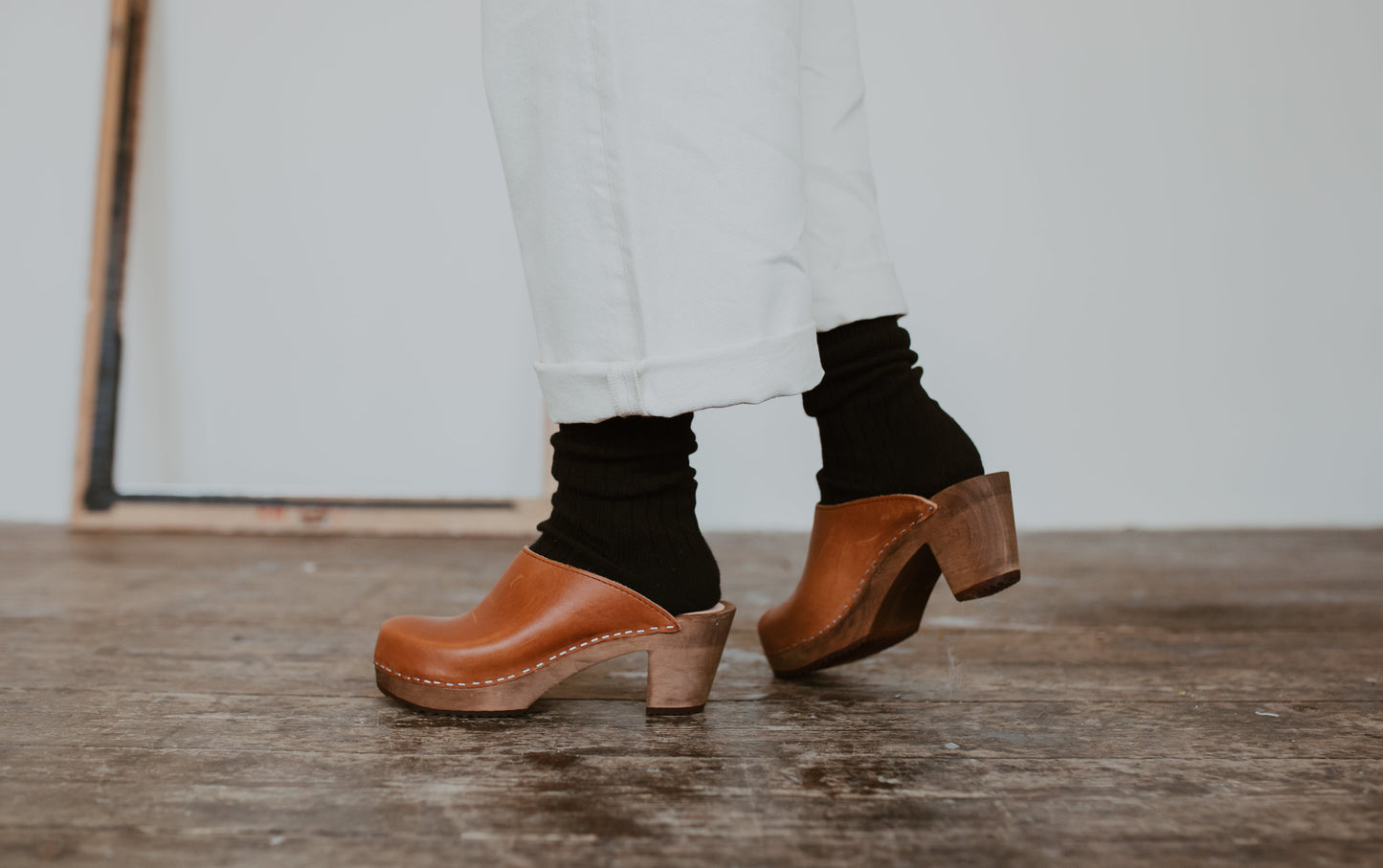 Cumin tan classic style swedish clog mule with mid height wooden base