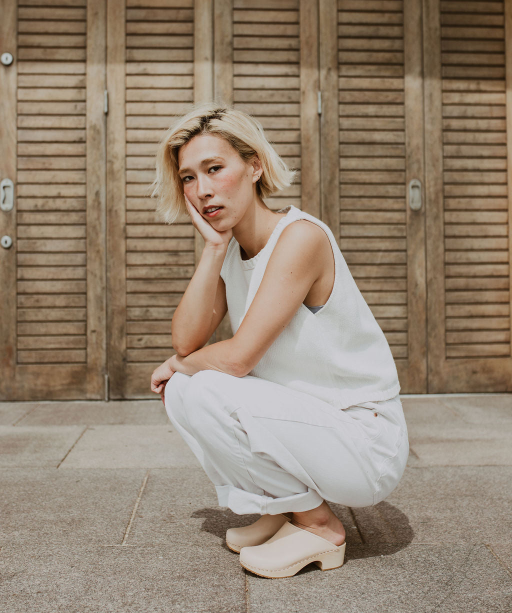 Natural leather mini heel classic style swedish clog