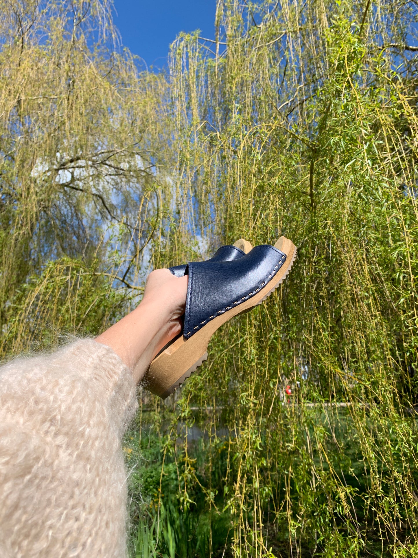 navy blue leather slip on clog sandals