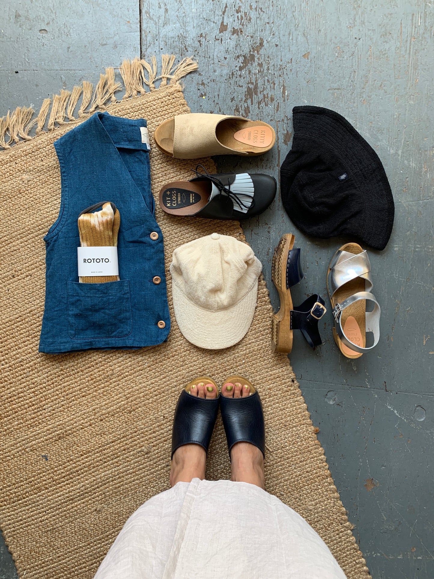 navy blue leather slip on clog sandals