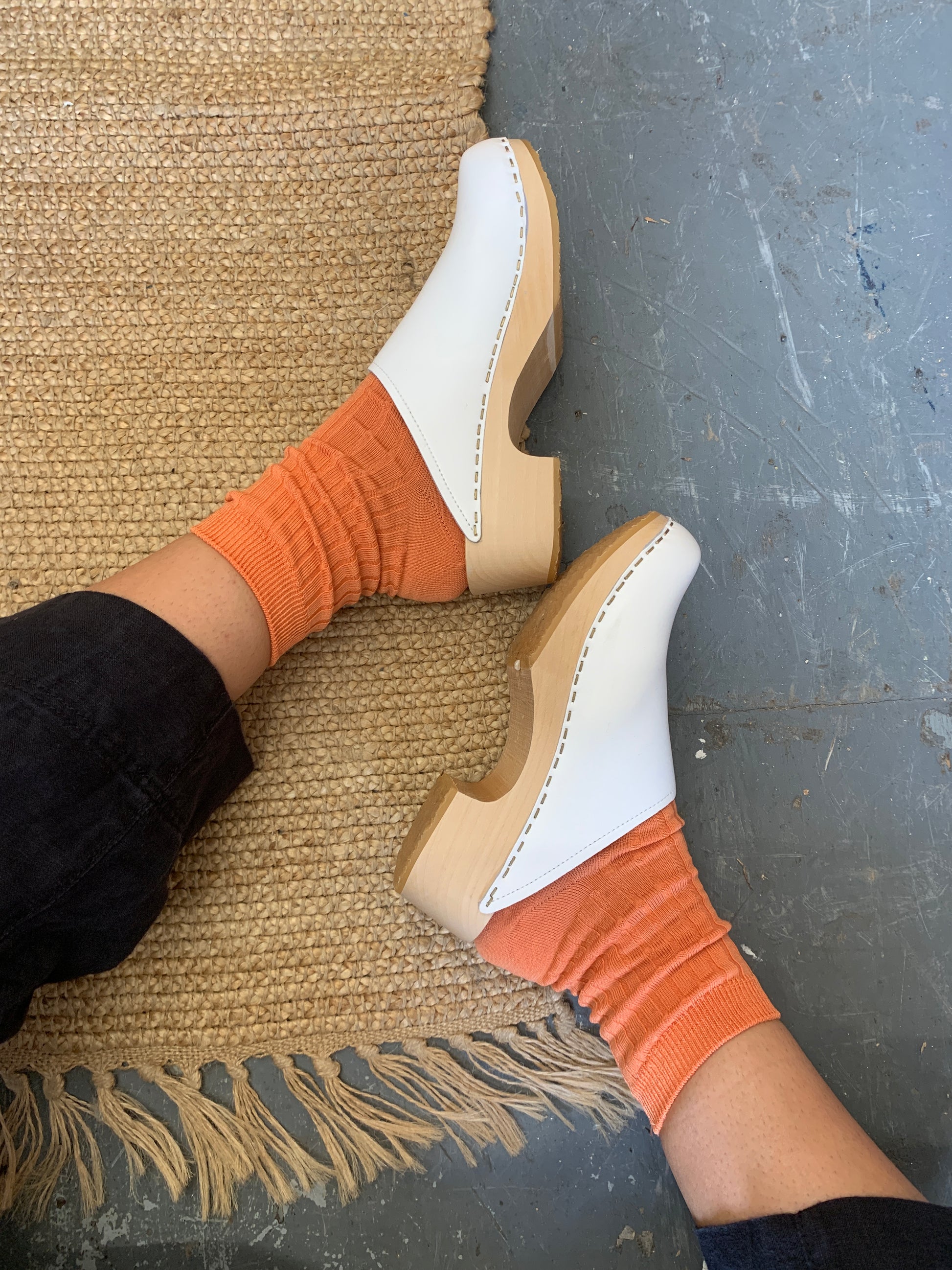 white womens swedish clog mules with a light mid heel