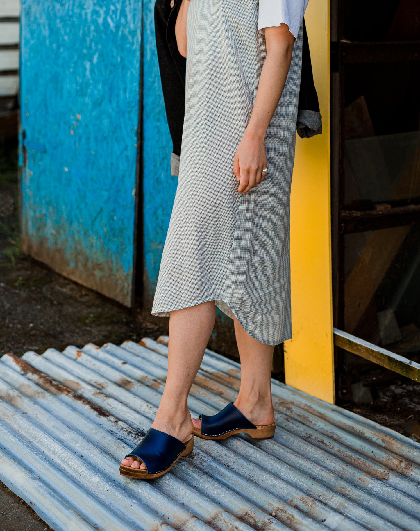 navy blue leather slip on clog sandals