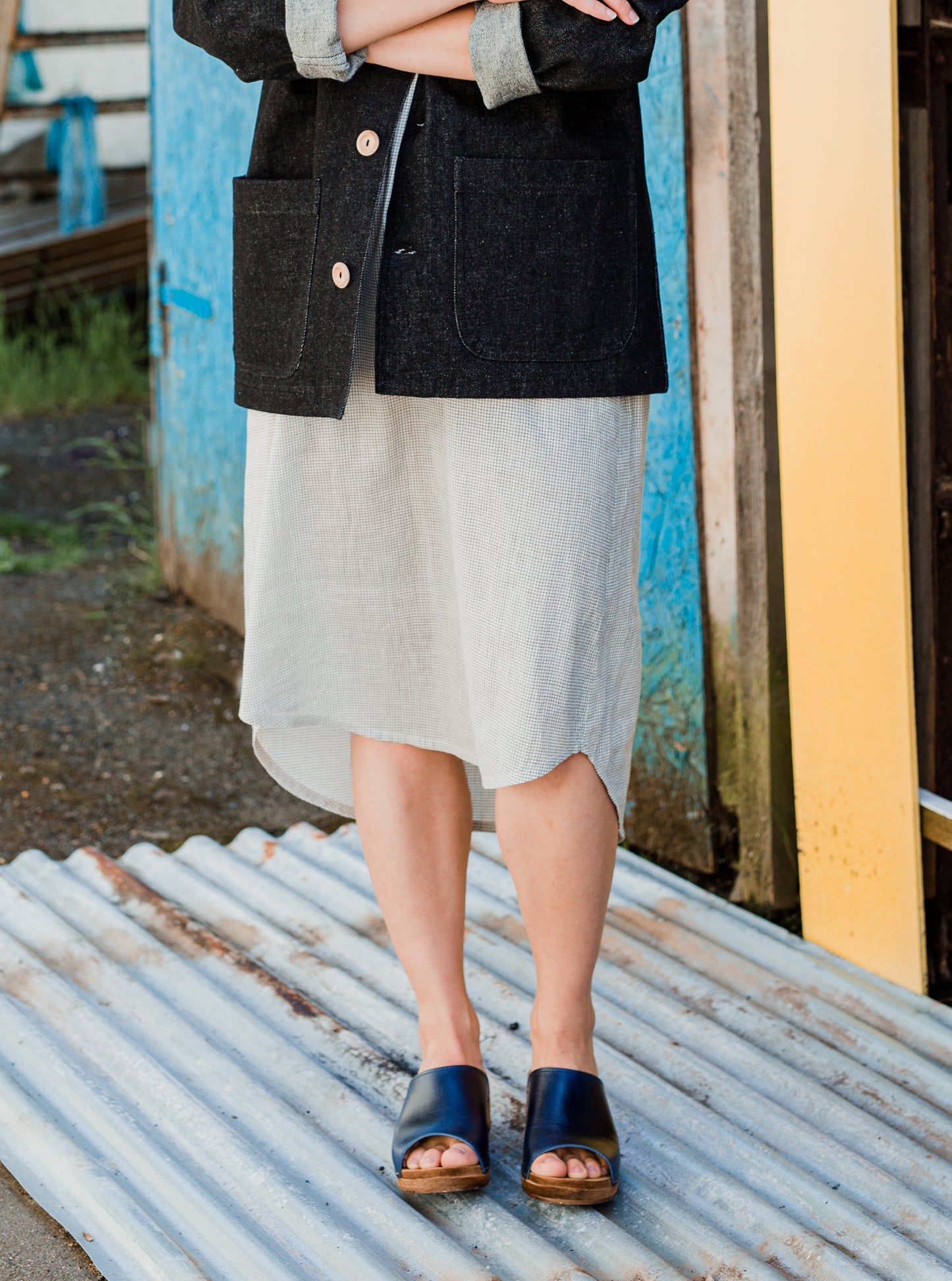 navy blue leather slip on clog sandals