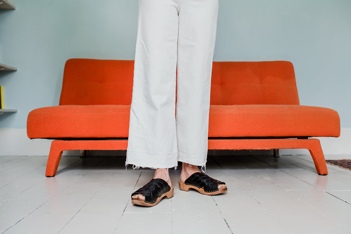 black woven clog sandal