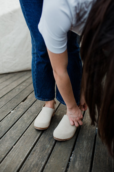 Sand beige suede classic-style swedish clog with strap