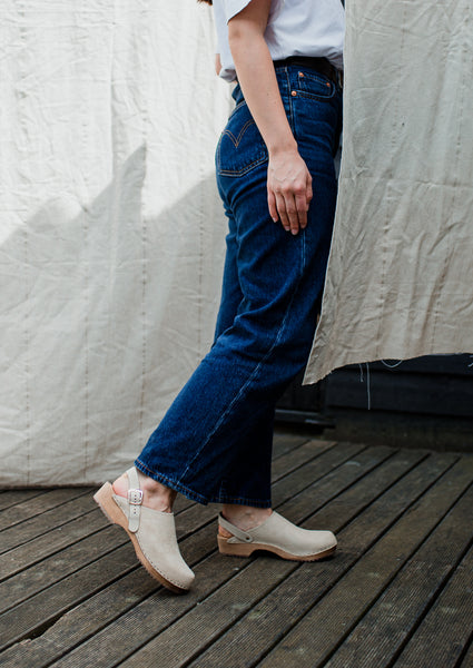 Sand beige suede classic-style swedish clog with strap