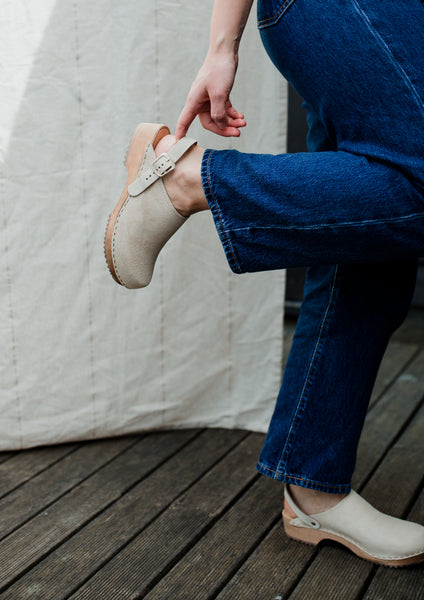 Sand beige suede classic-style swedish clog with strap