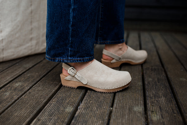 Sand beige suede classic-style swedish clog with strap