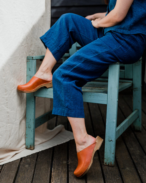 cumin tan classic style swedish clog mule with low wooden base