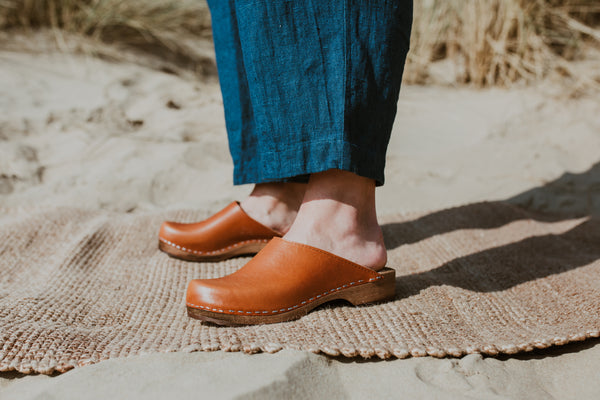 cumin tan classic style swedish clog mule with low wooden base