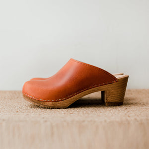Cumin tan classic style swedish clog mule with mid height wooden base