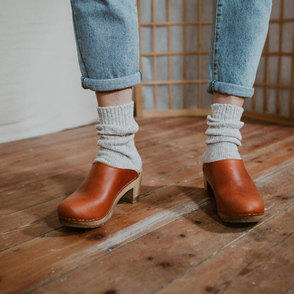 Cumin tan classic style swedish clog mule with mid height wooden base