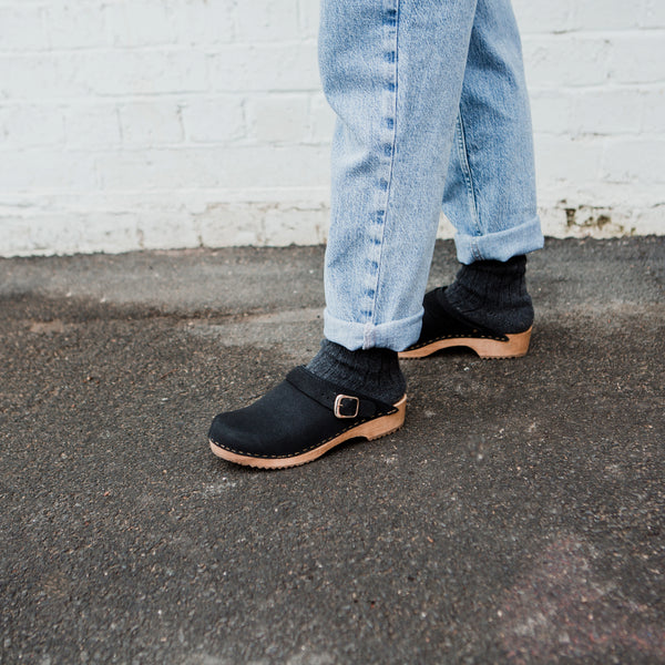 Onyx black suede classic-style swedish clog with strap