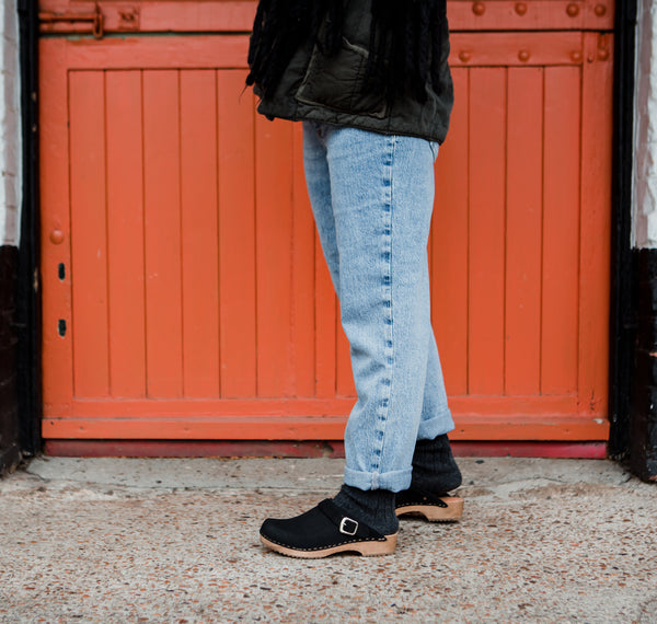 Onyx black suede classic-style swedish clog with strap