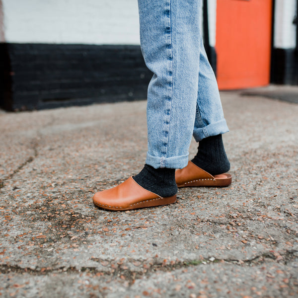 Cumin tan classic style clog mule with flexible wooden base