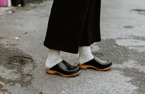 Black classic style swedish clog mule with low height wooden base