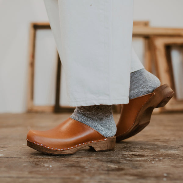 cumin tan classic style swedish clog mule with low wooden base