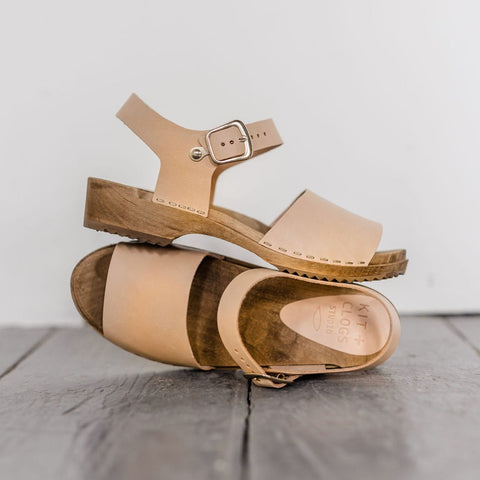 Natural low heel clogs sandal with ankle strap