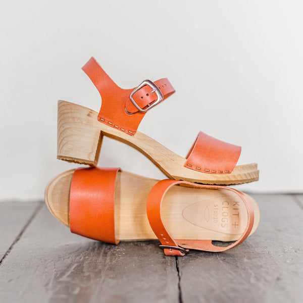 coral pink mid heel clog sandal