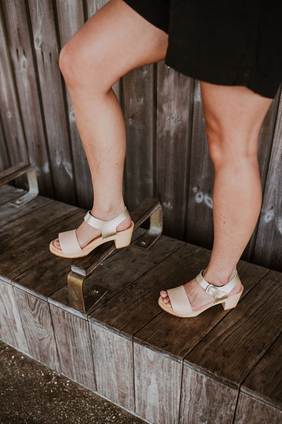 two tone natural and gold heeled clog sandal