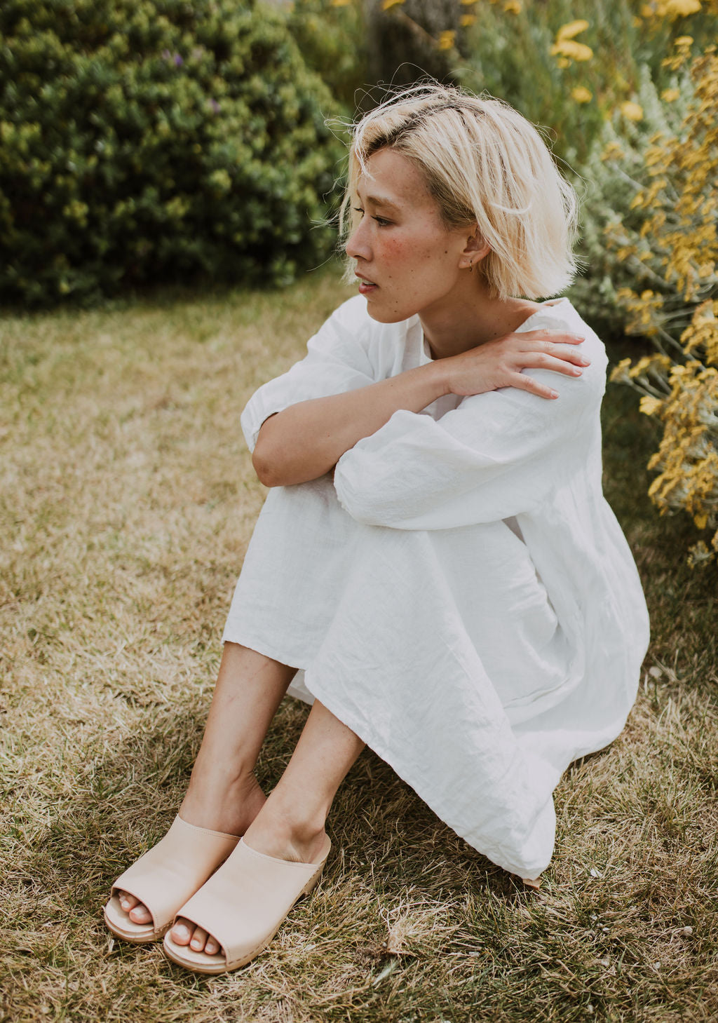natural open toe slip on clog sandal