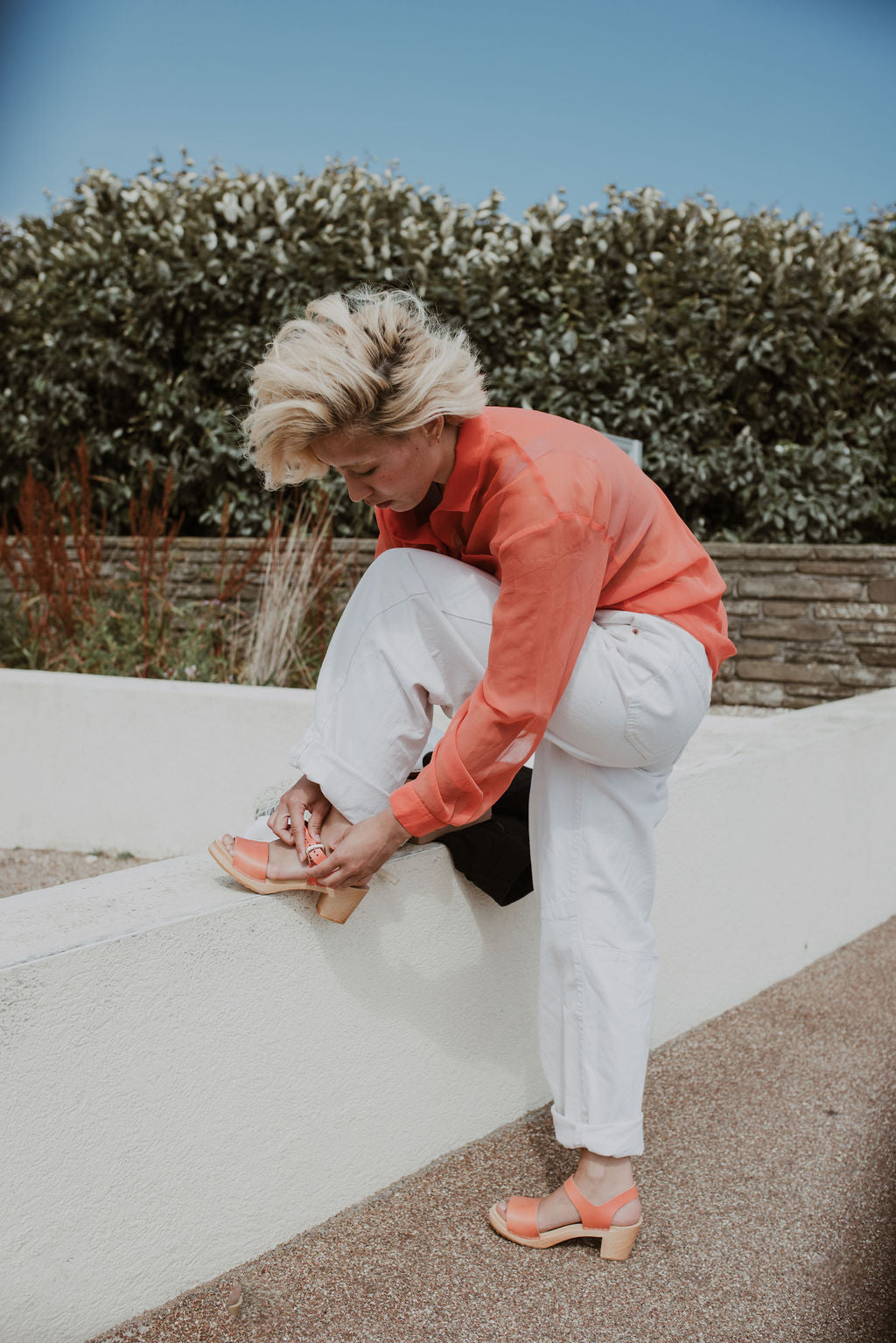 coral pink mid heel clog sandal