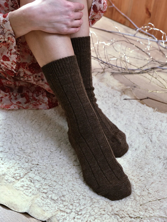 Lana Bambini Un-dyed Wool and Organic Cotton Cacao Brown Andrea Crew Socks