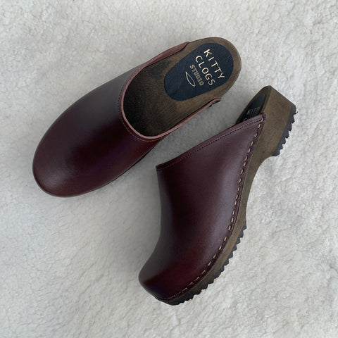 dark brown classic style swedish clog mules with dark brown wooden base