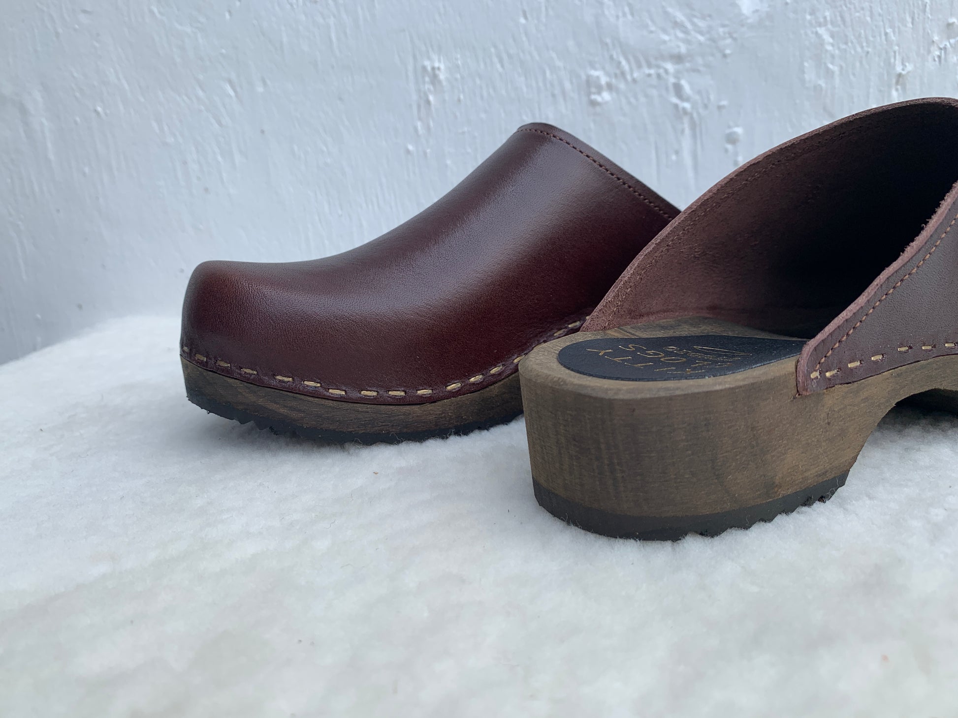 dark brown classic style swedish clog mules with dark brown wooden base
