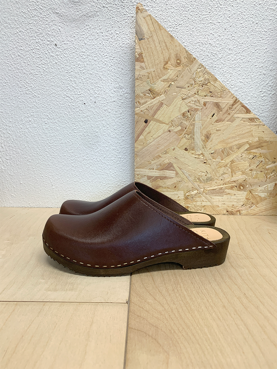 dark brown classic style swedish clog mules with dark brown wooden base