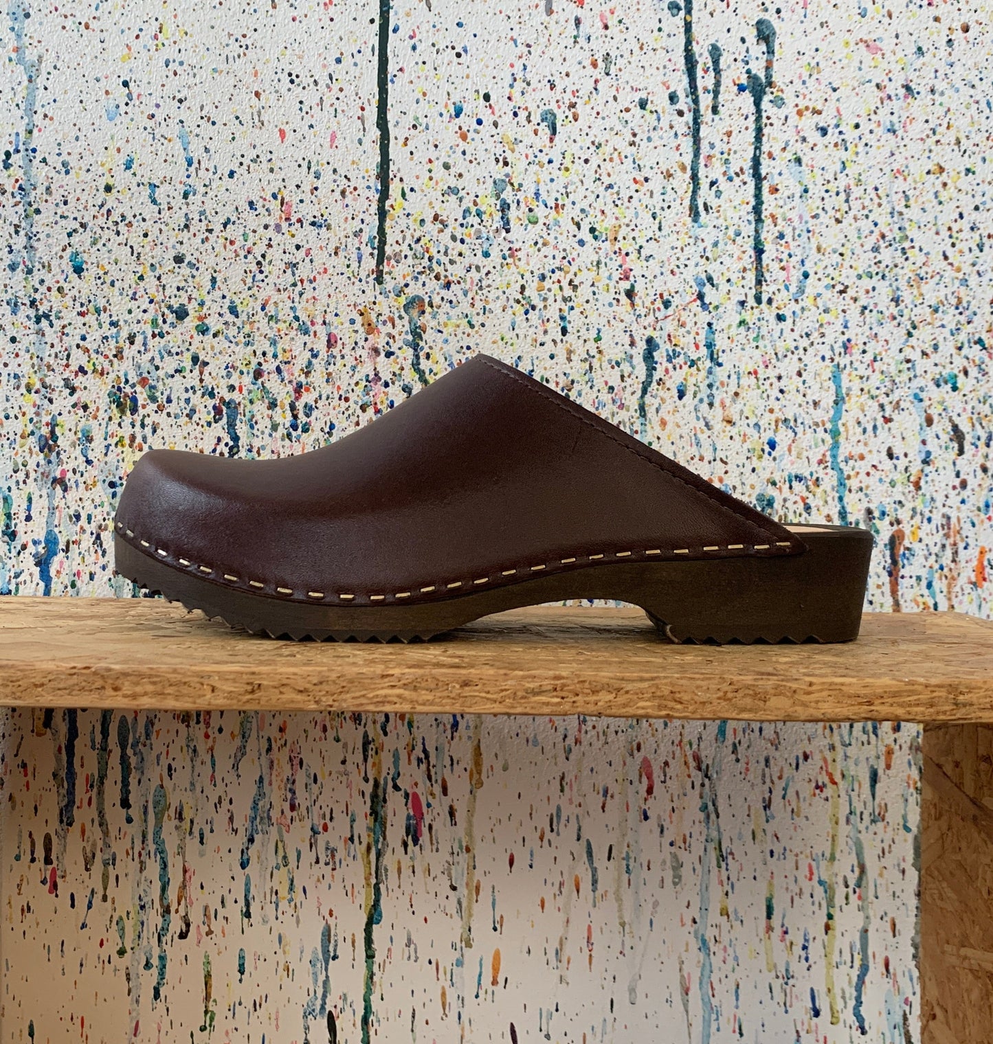dark brown classic style swedish clog mules with dark brown wooden base