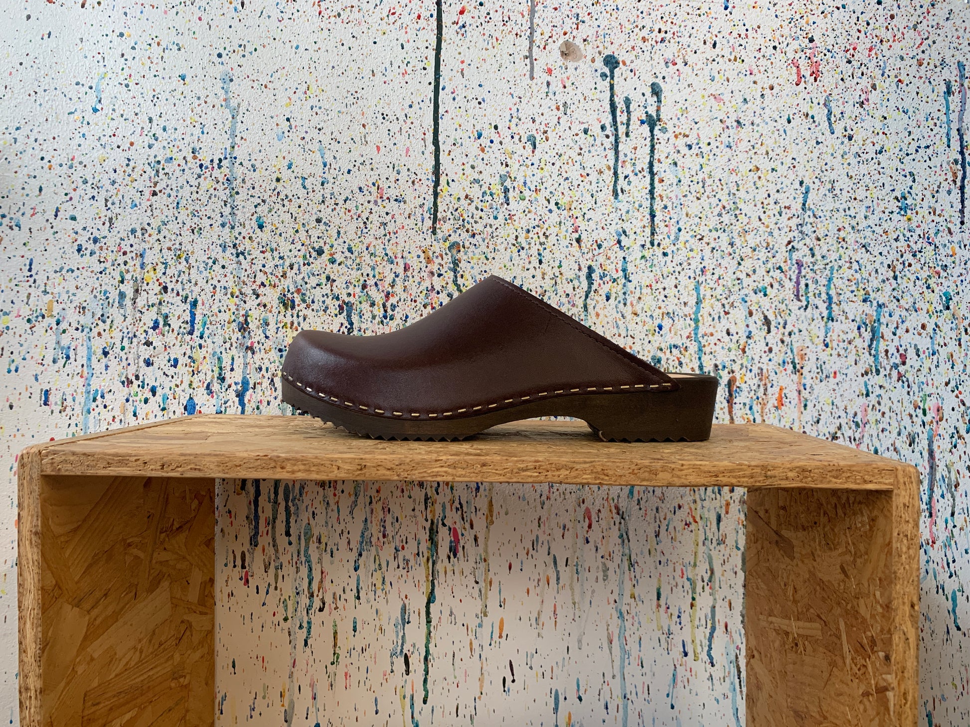 dark brown classic style swedish clog mules with dark brown wooden base