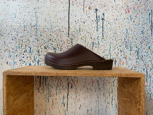 dark brown classic style swedish clog mules with dark brown wooden base