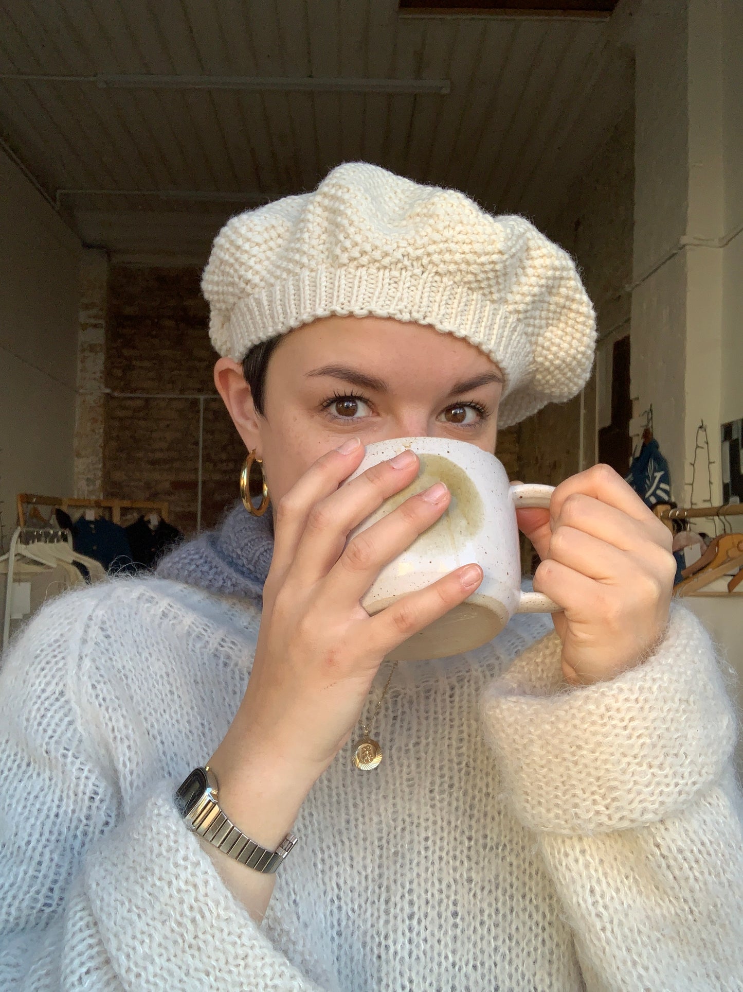 Knitted Cream Beret by SGB