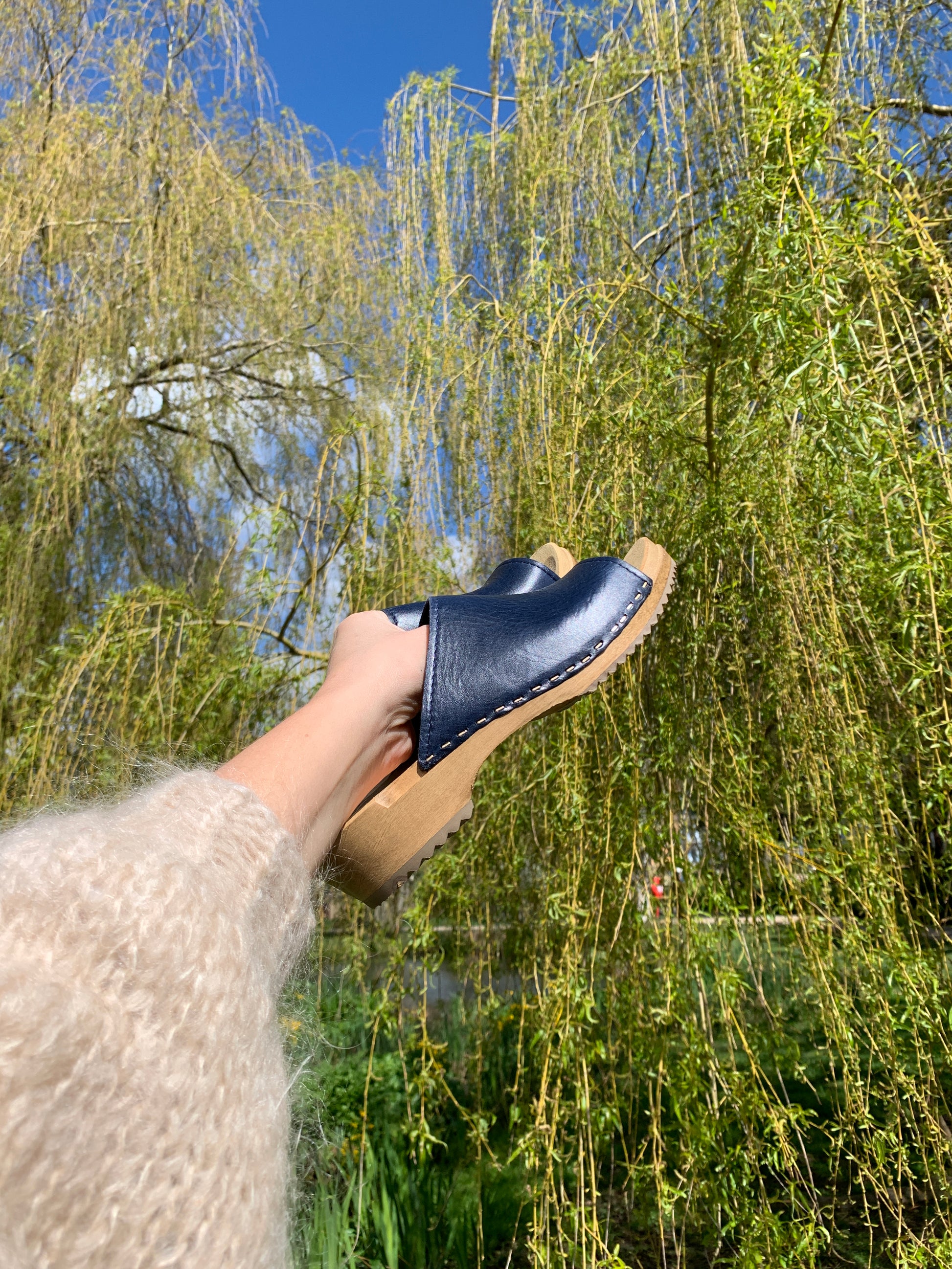 navy blue leather slip on clog sandals