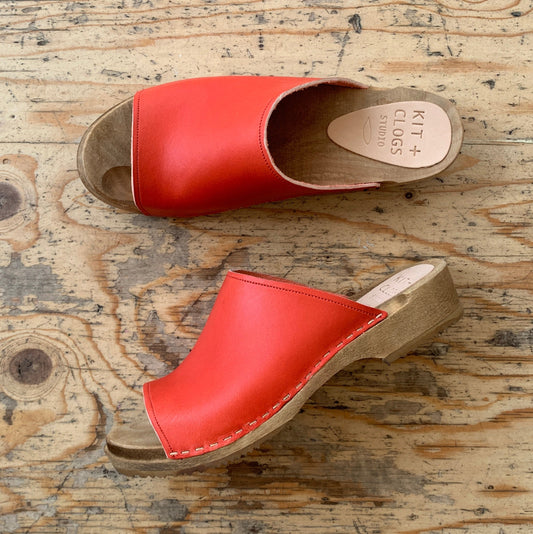 low heel red slider sandal clogs