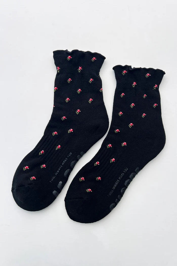 Petal Ruffled Hugger Crew Socks - Black Petal