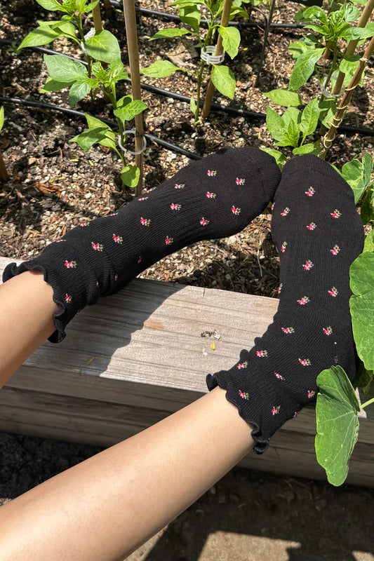 Petal Ruffled Hugger Crew Socks - Black Petal