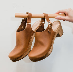 brown leather mid heel swedish clog mules with ankle strap
