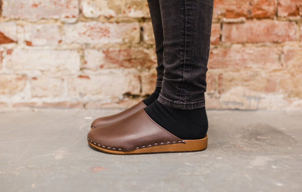 Cacao brown classic style clog mule with flexible wooden base