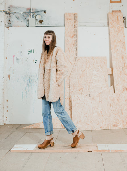 brown leather mid heel swedish clog mules with ankle strap