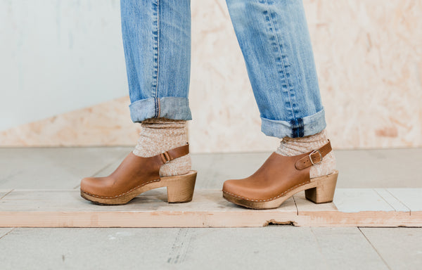 brown leather mid heel swedish clog mules with ankle strap