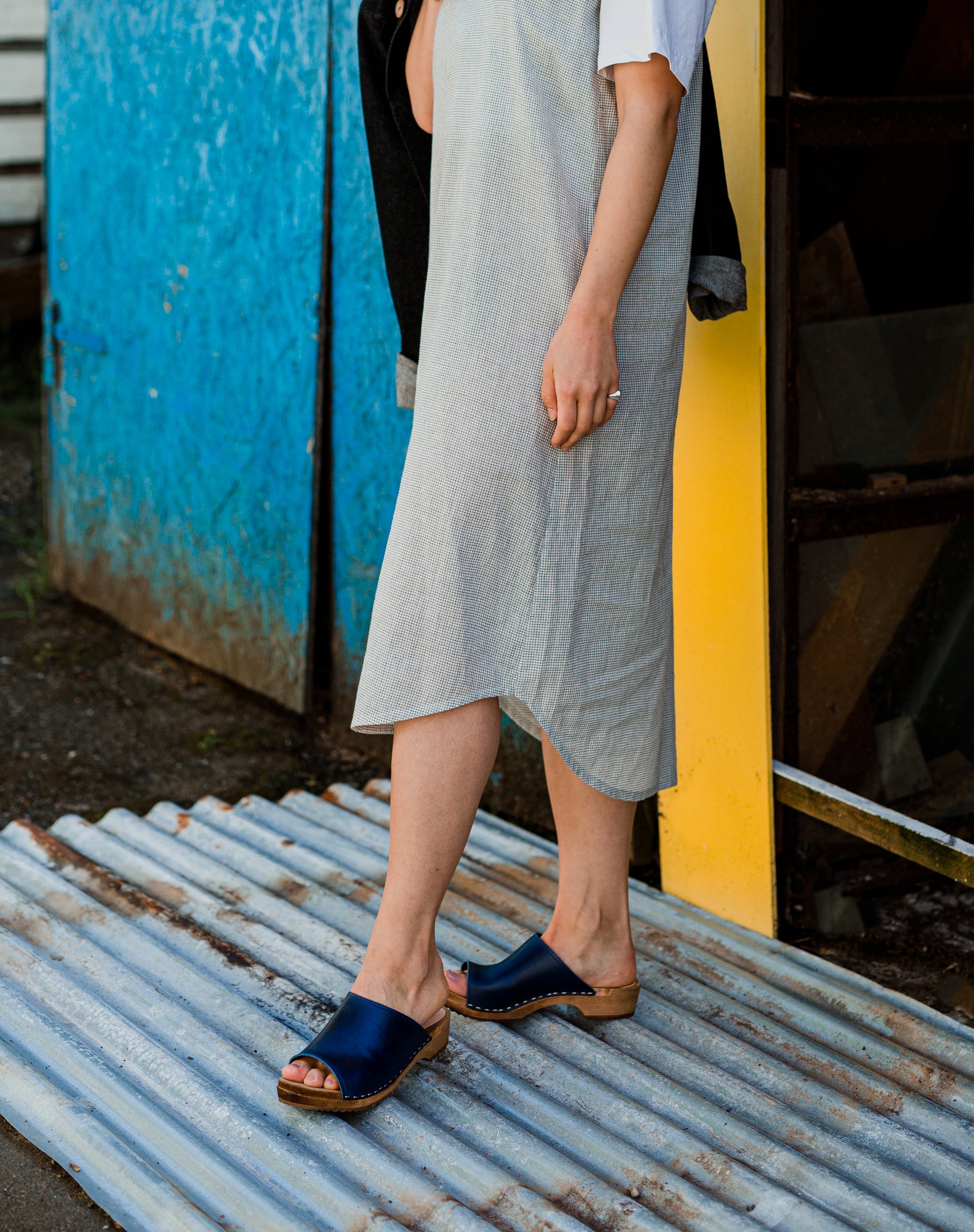navy blue leather slip on clog sandals