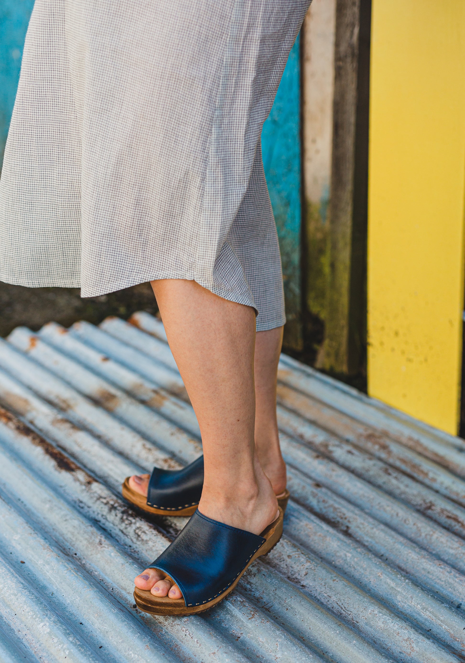 navy blue leather slip on clog sandals
