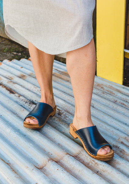 navy blue leather slip on clog sandals