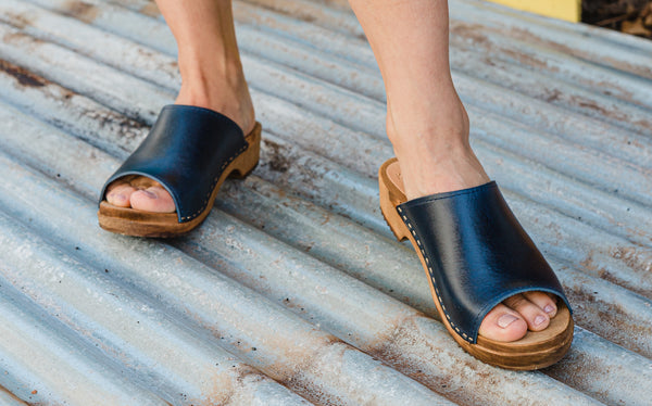 navy blue leather slip on clog sandals