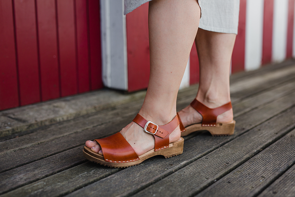 cumin tan two strap clog sandal with ankle strap