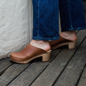 earth brown classic style swedish clog mule with mid height wooden base