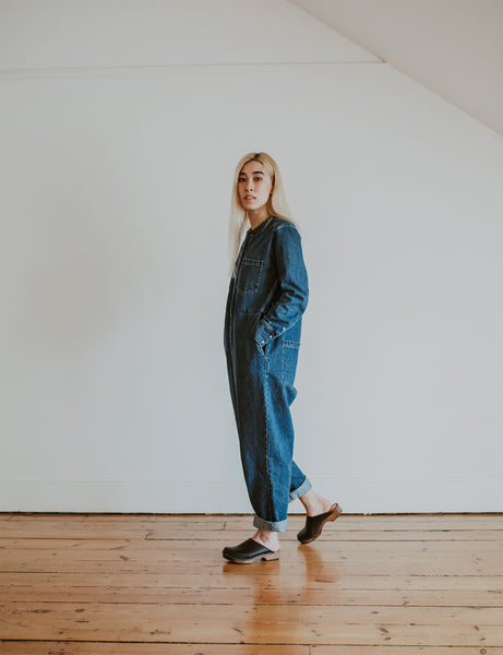 denim jumpsuit with black low classic style swedish clog