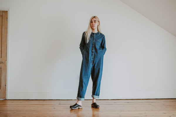 denim jumpsuit with black low classic style swedish clog